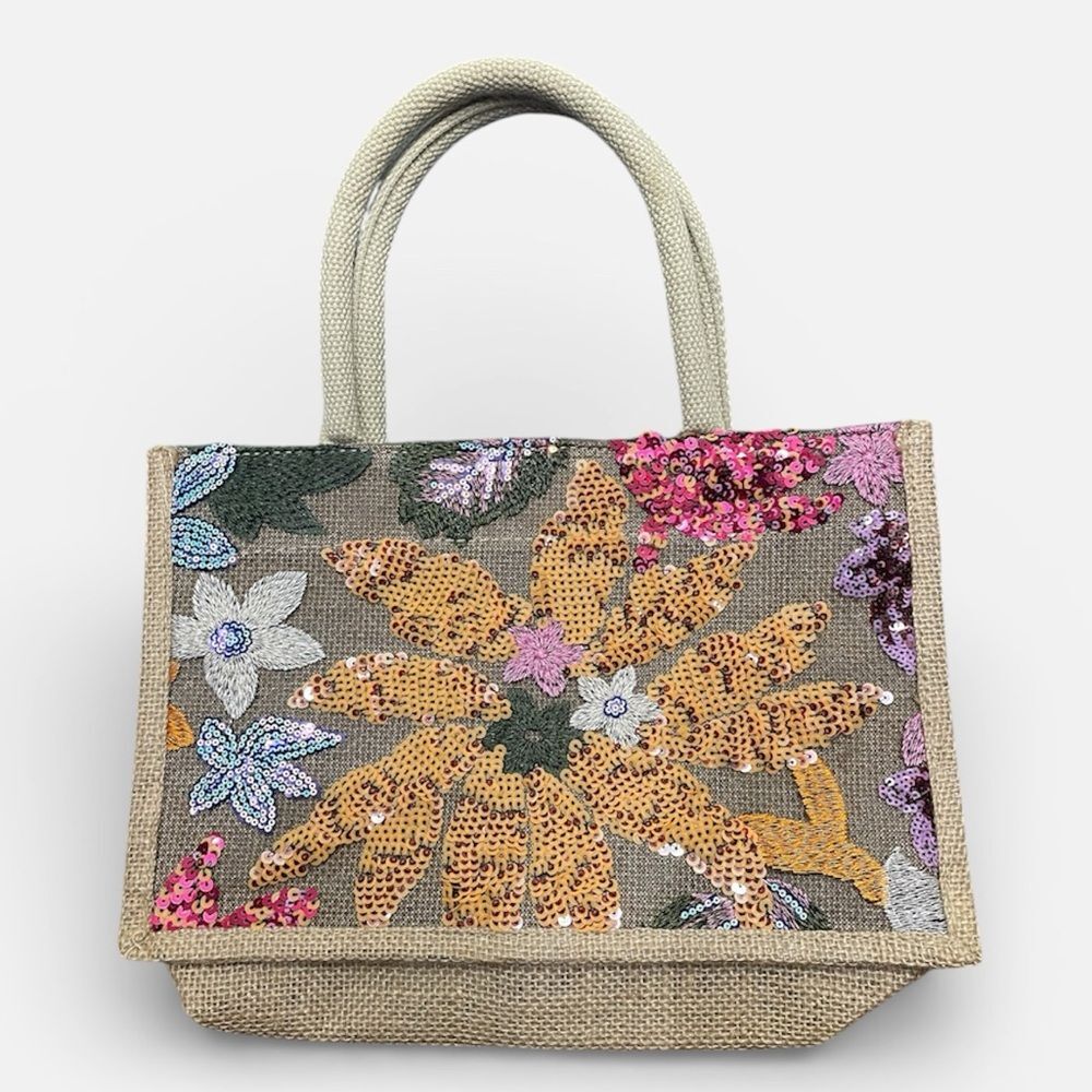 Women’s Burlap Jute Floral Colorful Embroidered Sequin Tote Handbag
